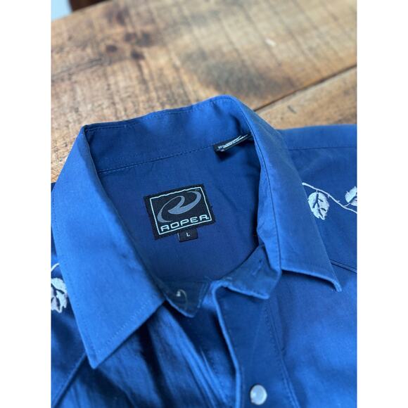 Mens Roper Blue Pearl Snap Western Style Shirt Rose‎ Design Cotton Blend Large - Picture 4 of 8